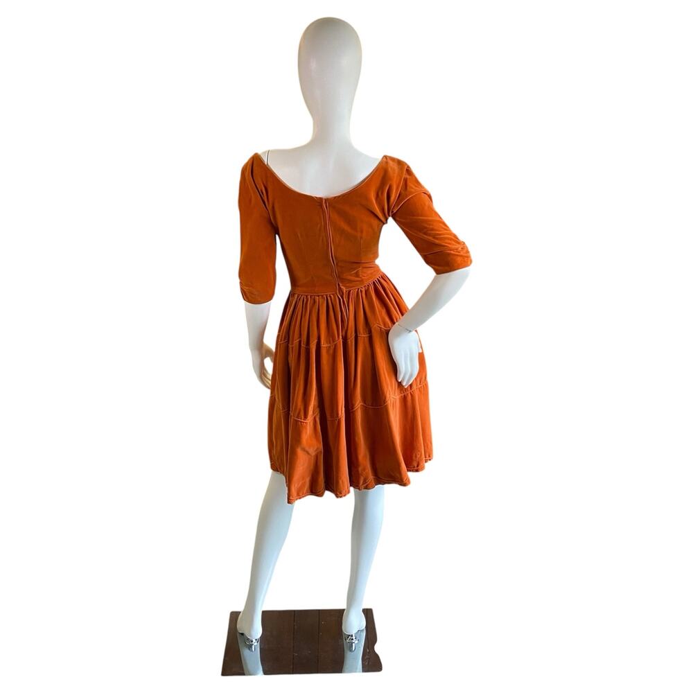 1950s Emma Domb Orange Velvet Swing Dress | Party Dress - Picture 3 of 6